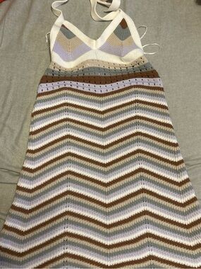 Pink Rose Striped Knit Halter Dress in Lavender, Brown & Cream